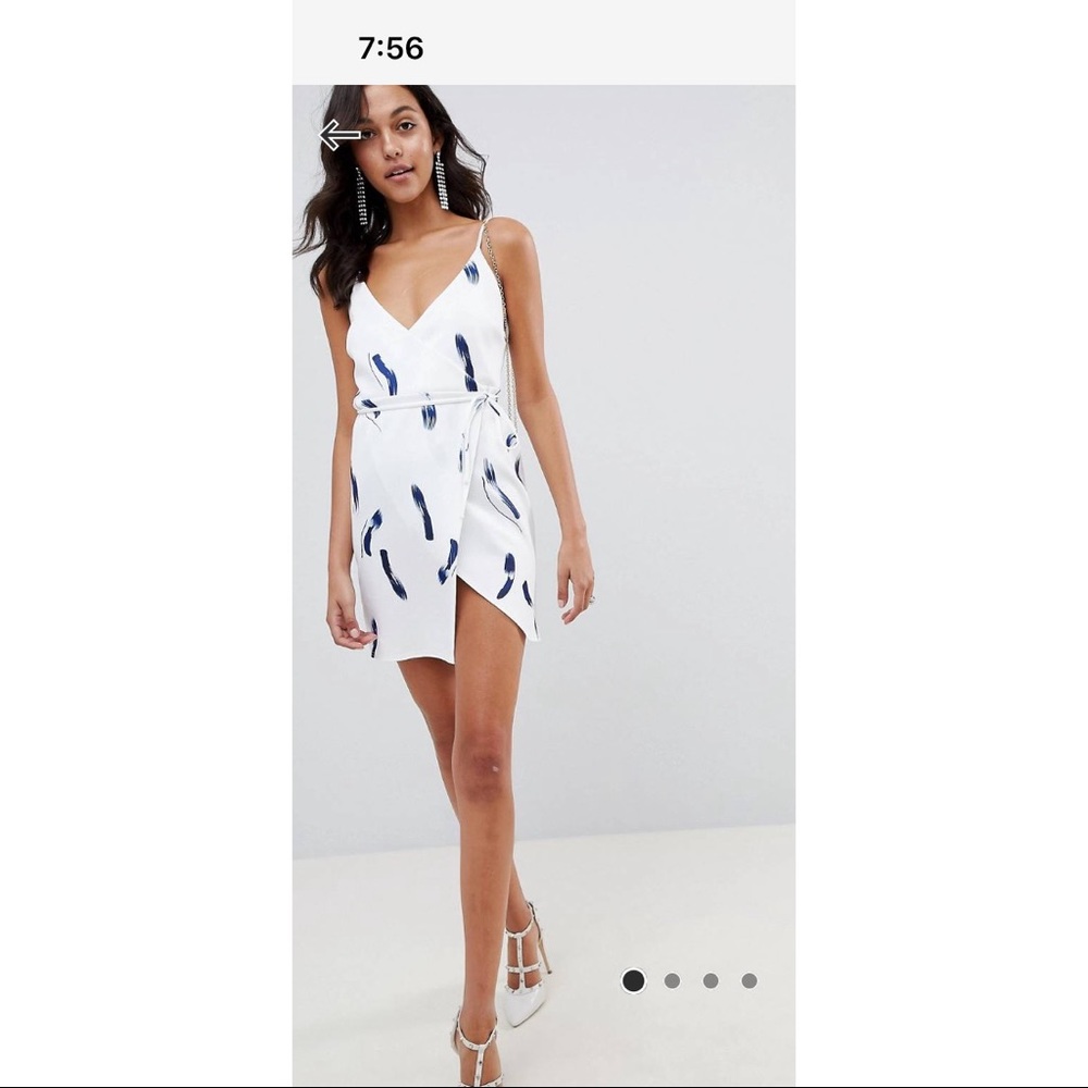 White and blue brushstroke cami mini wrap dress